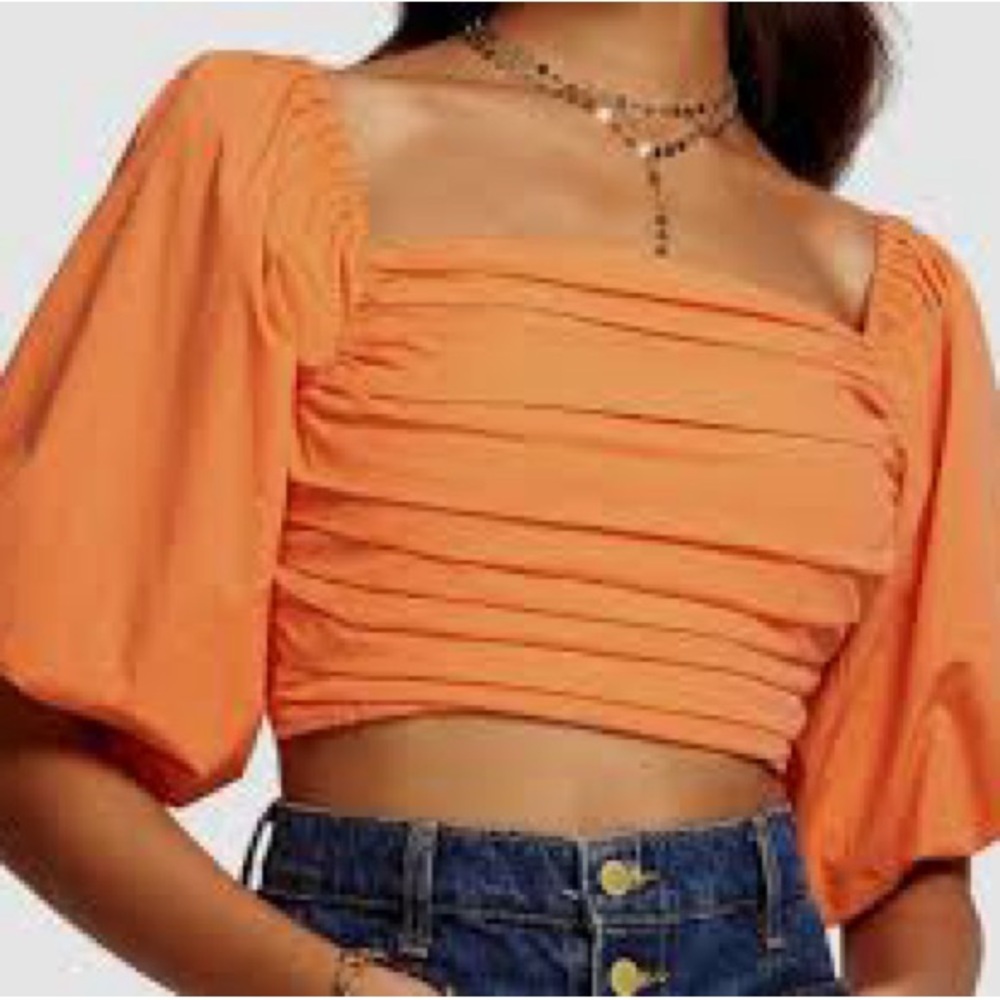 Ramy Brook Orange Pleated Square-Neck Puff-Sleeve Crop Top Size XXS